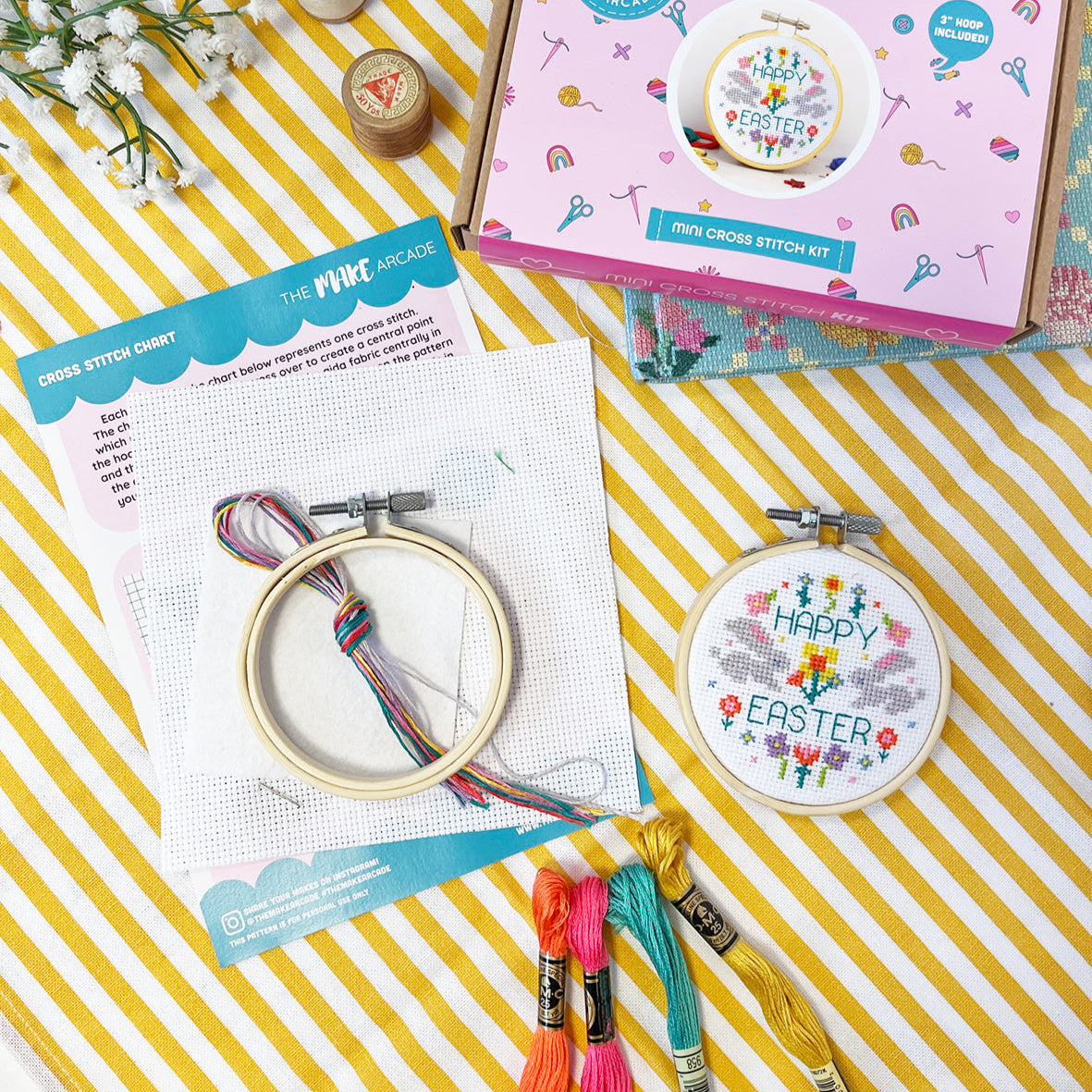 contents of a happy easter mini cross stitch craft kit 