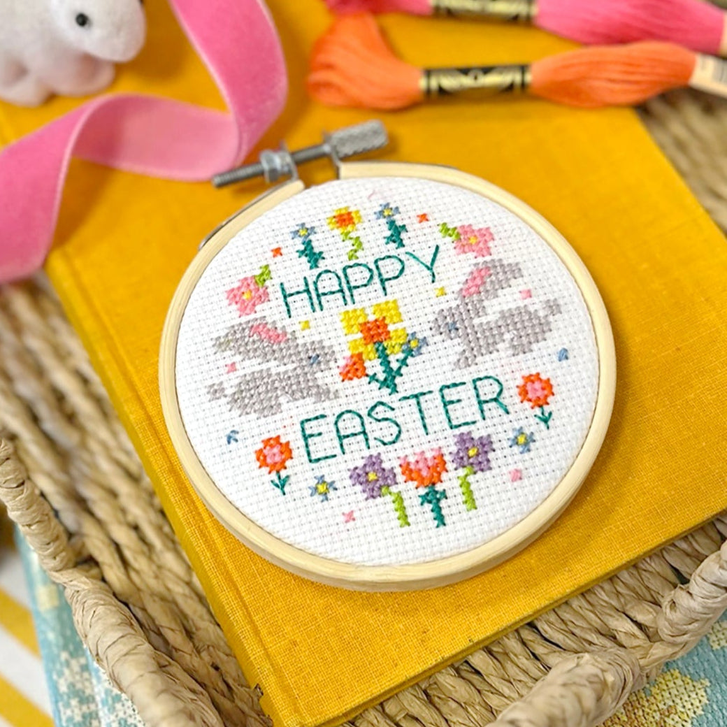 Happy Easter cross stitch hoop