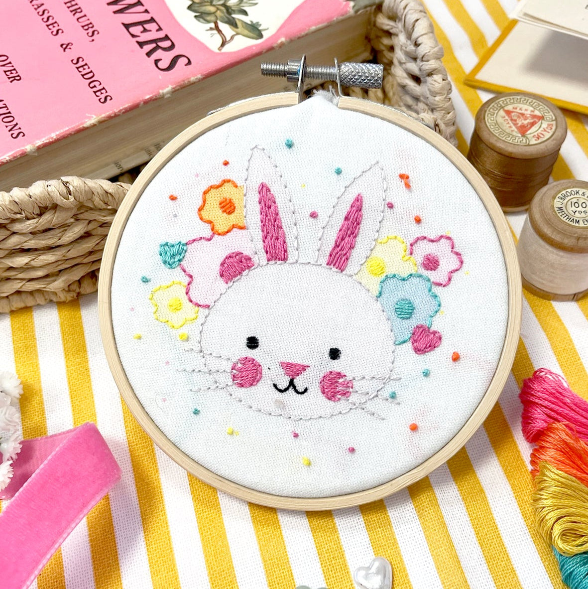 cute mini embroidery kit with a colourful bunny motif