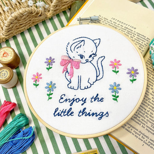 embroidery kit with a cat and enjoy the little things motto