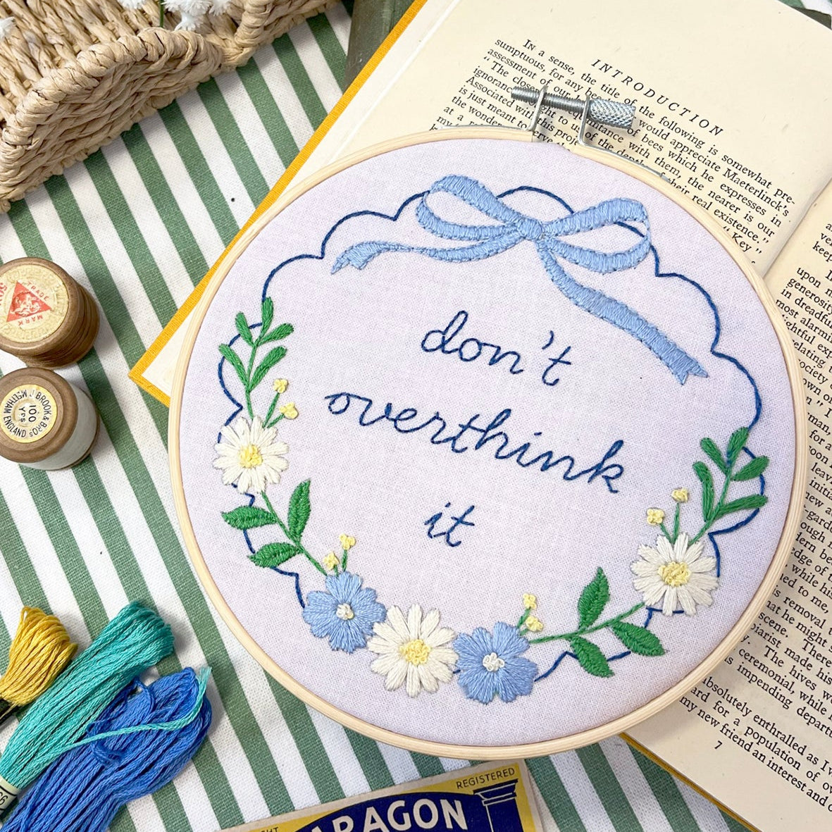 embroidery design with a 'don't overthink it' motto