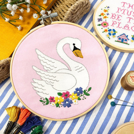 embroidery kit with a vintage swan style motif